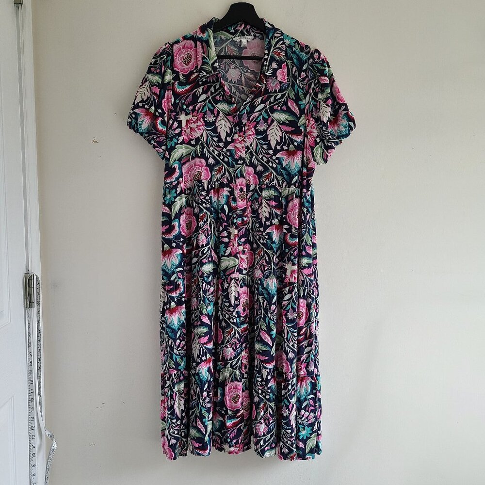 Crown & Ivy Floral Dress PXL Navy Blue Pink Floral Print Jersey Tiered Pockets